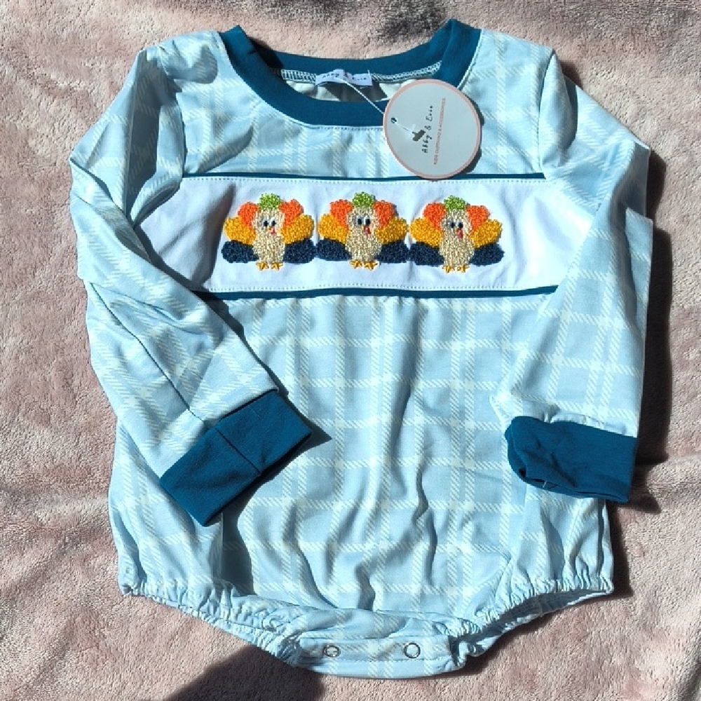 Blue Long Sleeve Baby Romper with French Knot Turkeys